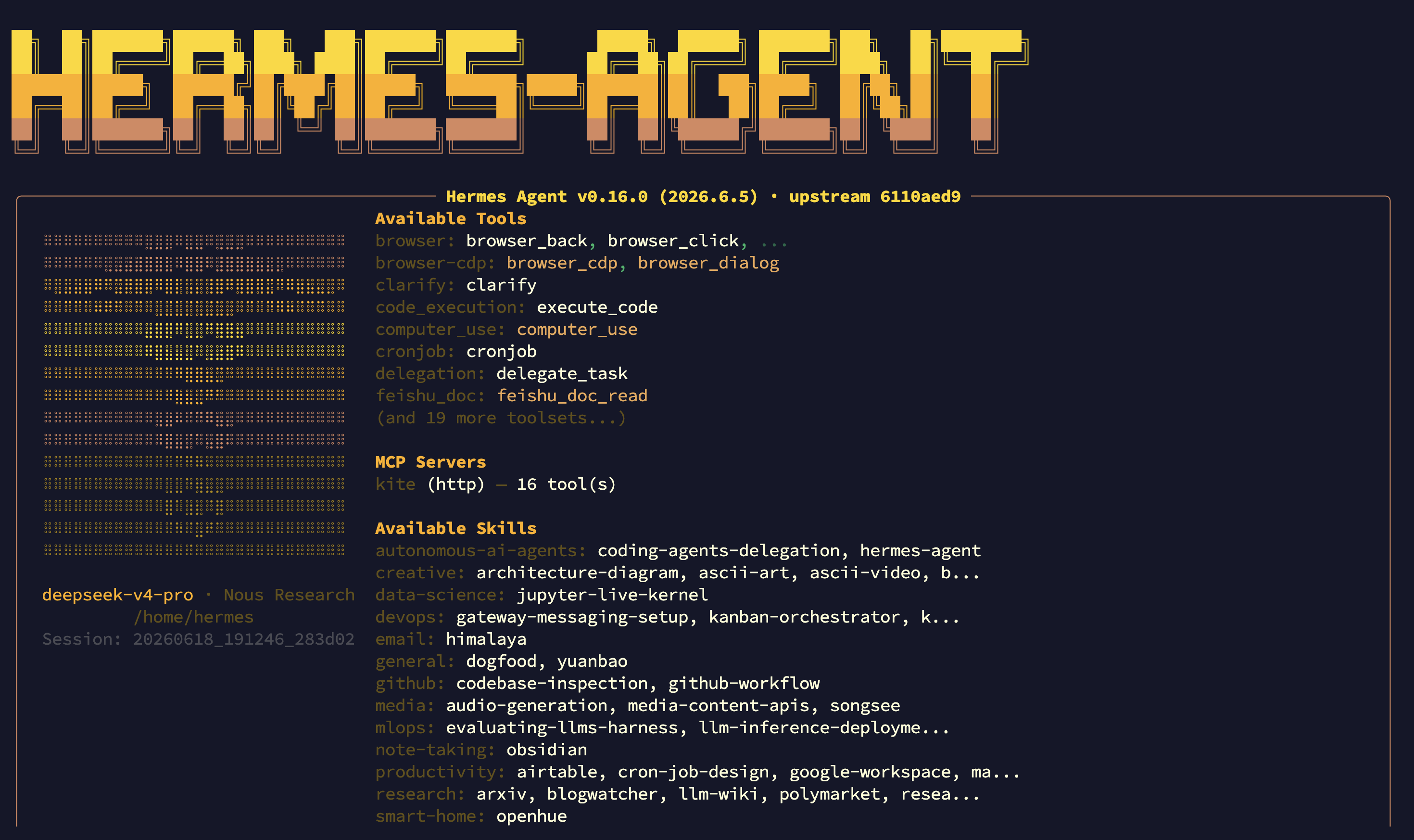 Hermes Agent CLI on startup — available toolsets, the read-only kite MCP server, and the skills it can call