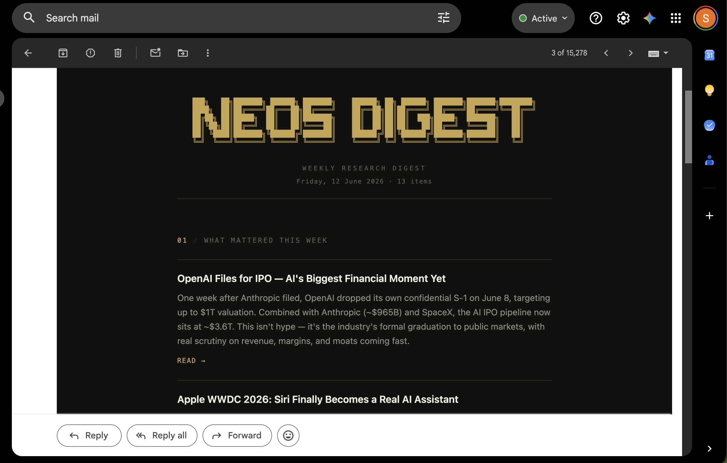 The NEOS Digest weekly research email, opened in Gmail — clean typographic layout with a "what mattered this week" rundown